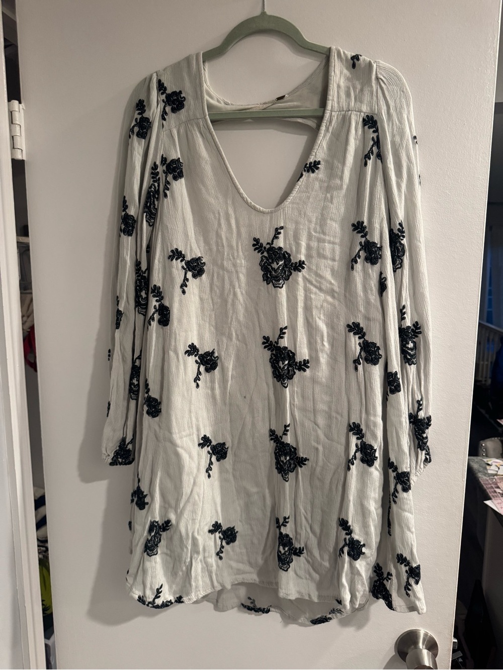 Free people soft mint Gauze Tunic with Black Floral Embroidery